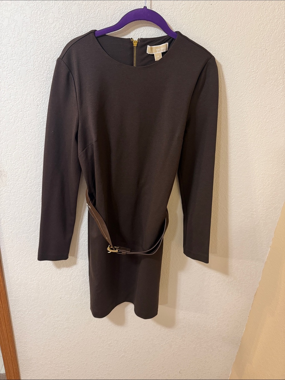 MICHAEL Michael Kors Long-Sleeve dark brown Sheath Dress with Brown Waist Belt